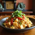 A beautifully plated tofu scramble with vegetables on a wooden table, set in a scene inspired by Dragon Ball Z, featuring a shrine backdrop and dragon motifs, representing Chiaotzu's unique telekinesis power with a vibrant and energetic presentation.