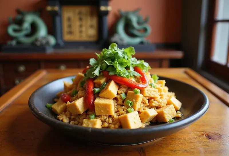 A beautifully plated tofu scramble with vegetables on a wooden table, set in a scene inspired by Dragon Ball Z, featuring a shrine backdrop and dragon motifs, representing Chiaotzu's unique telekinesis power with a vibrant and energetic presentation.