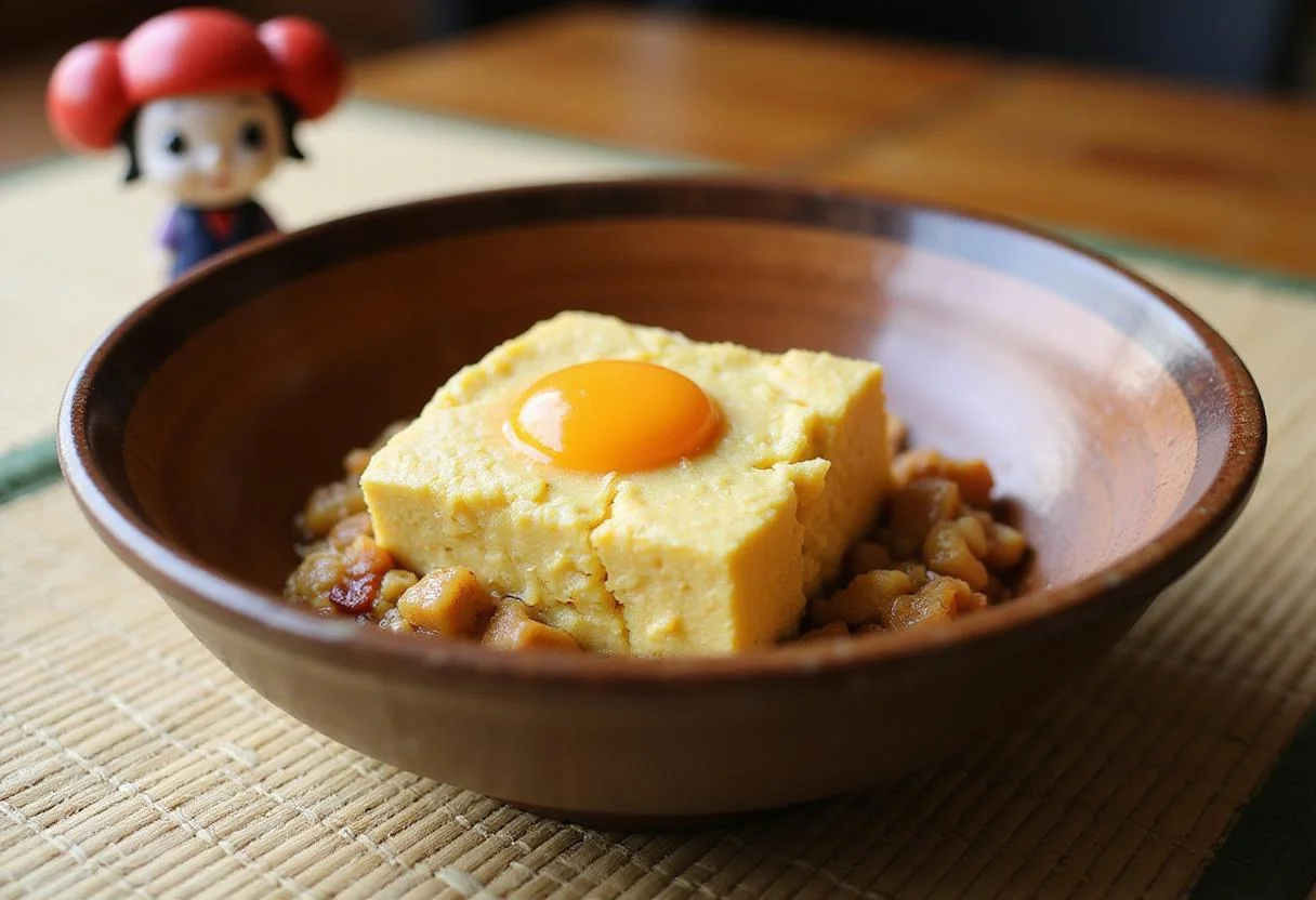 A close-up of tofu scramble in a bowl on a tatami mat, with a small Chiaotzu figure in the background, set in a traditional Japanese setting inspired by Dragon Ball Z's style, highlighting the anime character and the energizing breakfast dish, perfect for a Dragon Ball Z breakfast.