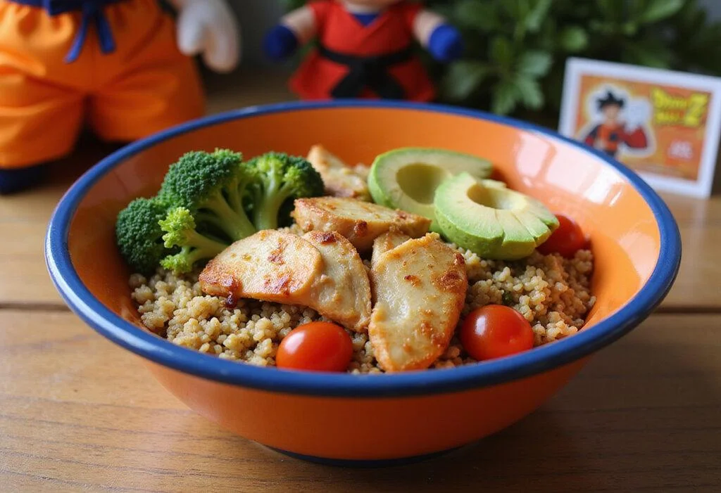 A detailed, realistic image of Dragon Ball Gohan's Great Saiyaman Grain Bowl featuring quinoa, grilled chicken, broccoli, cherry tomatoes, and avocado served in a vibrant bowl on a wooden table with themed Dragon Ball Z decorations in the background, emphasizing a healthy, anime-inspired meal.