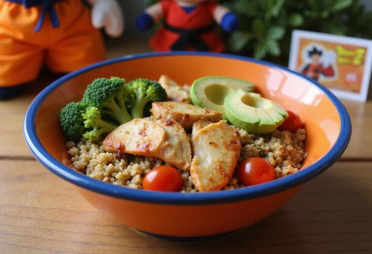 A detailed, realistic image of Dragon Ball Gohan's Great Saiyaman Grain Bowl featuring quinoa, grilled chicken, broccoli, cherry tomatoes, and avocado served in a vibrant bowl on a wooden table with themed Dragon Ball Z decorations in the background, emphasizing a healthy, anime-inspired meal.