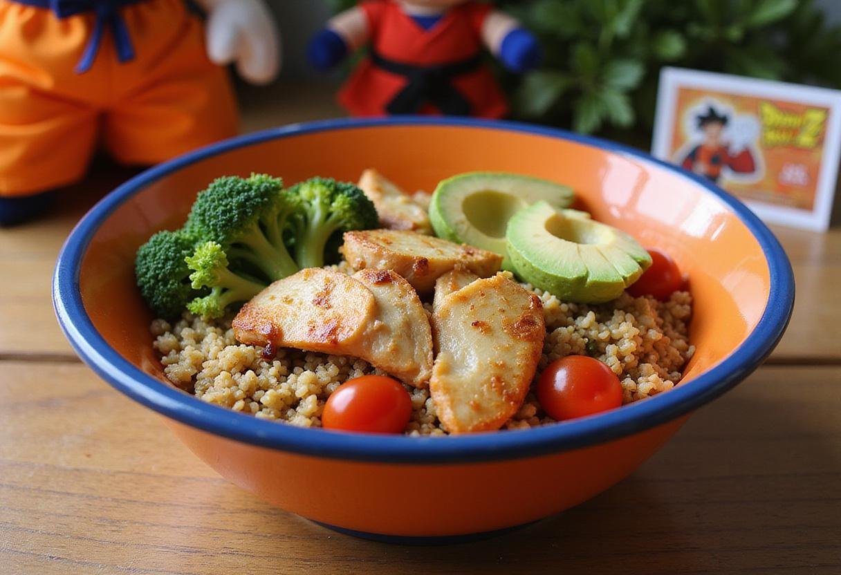 A detailed, realistic image of Dragon Ball Gohan's Great Saiyaman Grain Bowl featuring quinoa, grilled chicken, broccoli, cherry tomatoes, and avocado served in a vibrant bowl on a wooden table with themed Dragon Ball Z decorations in the background, emphasizing a healthy, anime-inspired meal.