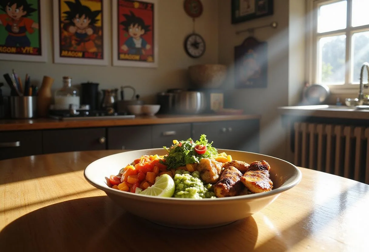 A realistic depiction of the Great Saiyaman Grain Bowl on a kitchen counter, featuring fresh, colorful ingredients arranged neatly, with Dragon Ball Z-themed decor in the background, capturing the lively and healthy spirit of the anime.