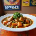 A detailed image of Krillin's Kamehameha Curry served in a deep bowl, showcasing chunks of chicken, vibrant vegetables, and a glossy, flavorful curry sauce. The dish is set on a futuristic table with Dragon Ball Z-themed decorations, including a small Dragon Ball figurine and a Capsule Corp mug, highlighting the anime-inspired food inside a lively nighttime scene from the series.
