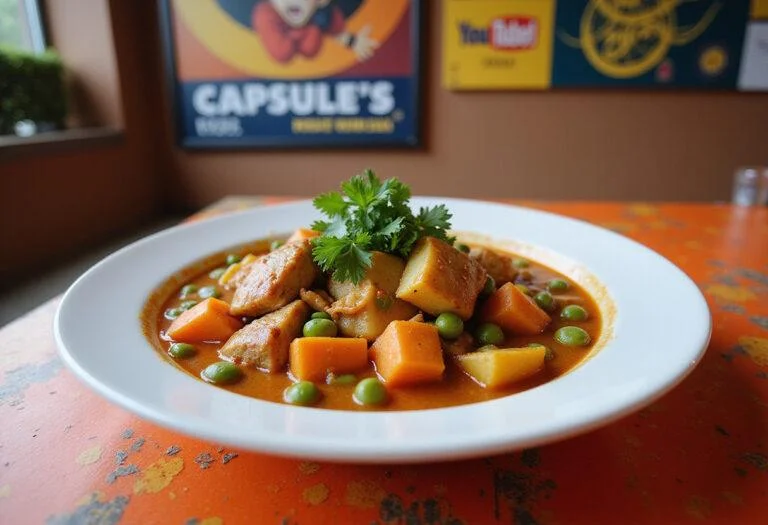 A detailed image of Krillin's Kamehameha Curry served in a deep bowl, showcasing chunks of chicken, vibrant vegetables, and a glossy, flavorful curry sauce. The dish is set on a futuristic table with Dragon Ball Z-themed decorations, including a small Dragon Ball figurine and a Capsule Corp mug, highlighting the anime-inspired food inside a lively nighttime scene from the series.