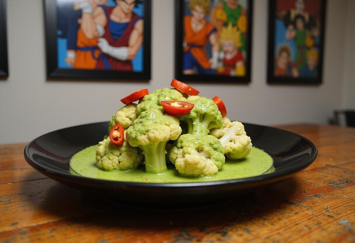 A realistic presentation of Piccolo's Special Beam Cannon Cauliflower featuring bright green cauliflower florets with red pepper accents, served on a black plate in an anime-themed kitchen with Dragon Ball Z posters behind, capturing the energetic vibe of the show.