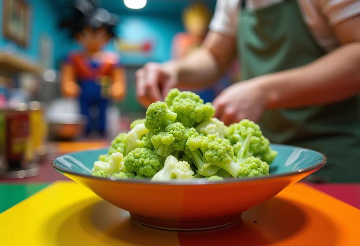 An immersive scene in an anime-inspired kitchen with colorful decorations, featuring a bowl of bright green cauliflower florets coated with sauce, ready to be served as part of a Dragon Ball Z themed meal.