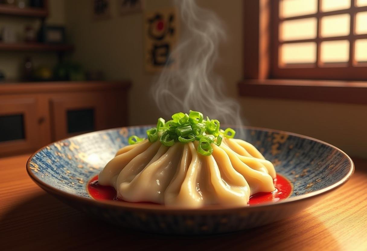 Close-up of Shenron's Dragon Ball dumplings neatly arranged on a ceramic plate, with a background featuring anime-style dragon banners and a hint of a character’s arm reaching in to pick up a dumpling, set in a colorful, immersive kitchen inspired by Dragon Ball Z themes.