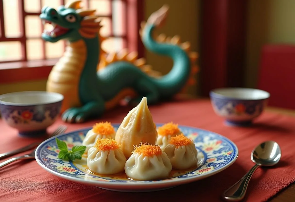 Detailed image of Shenron's Dragon Ball dumplings plated elegantly on a dish, with a lively anime-inspired background featuring dragon decorations and colorful banners, giving the impression of a special meal being prepared for a celebration within the Dragon Ball setting.