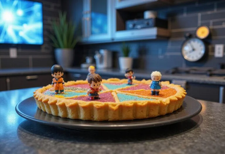 A detailed image of Dragon Ball Trunks' Time Travel Tarts set on a shiny, metallic countertop in a high-tech kitchen. The tart is beautifully decorated with bright, anime-inspired colors and themed toppings, with Trunks' sword displayed as a cake topper. The scene emphasizes a modern, animated-inspired environment that brings the fantasy of Dragon Ball Z to life.