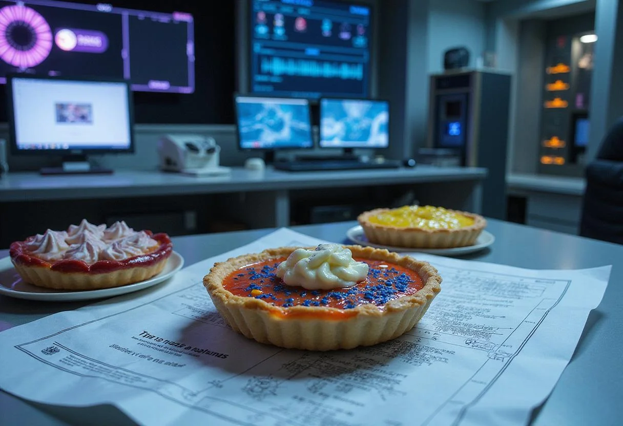 A scene showing Dragon Ball Trunks' Time Travel Tarts on a laboratory table within Capsule Corporation. The tart is decorated with vibrant colors and anime motifs, with scientific tools and monitors in the background highlighting the show's technological setting. The atmosphere suggests a moment of celebration after creating a special recipe from the anime universe.