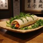 A realistic image of Dragon Ball Videl's Victory Veggie Wraps carefully arranged on a bamboo tray, with vibrant sliced vegetables and herbs, in an anime-themed kitchen setting inspired by Dragon Ball Z, featuring traditional Japanese elements and subtle decorative touches.