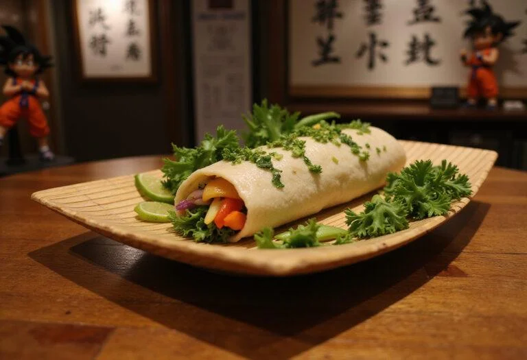 A realistic image of Dragon Ball Videl's Victory Veggie Wraps carefully arranged on a bamboo tray, with vibrant sliced vegetables and herbs, in an anime-themed kitchen setting inspired by Dragon Ball Z, featuring traditional Japanese elements and subtle decorative touches.