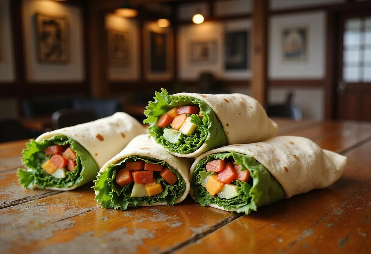 An immersive scene showcasing Videl's Victory Veggie Wraps on a Japanese dojo countertop, with traditional decor and martial arts elements in the background, emphasizing a victorious and healthy meal inspired by Dragon Ball Z.