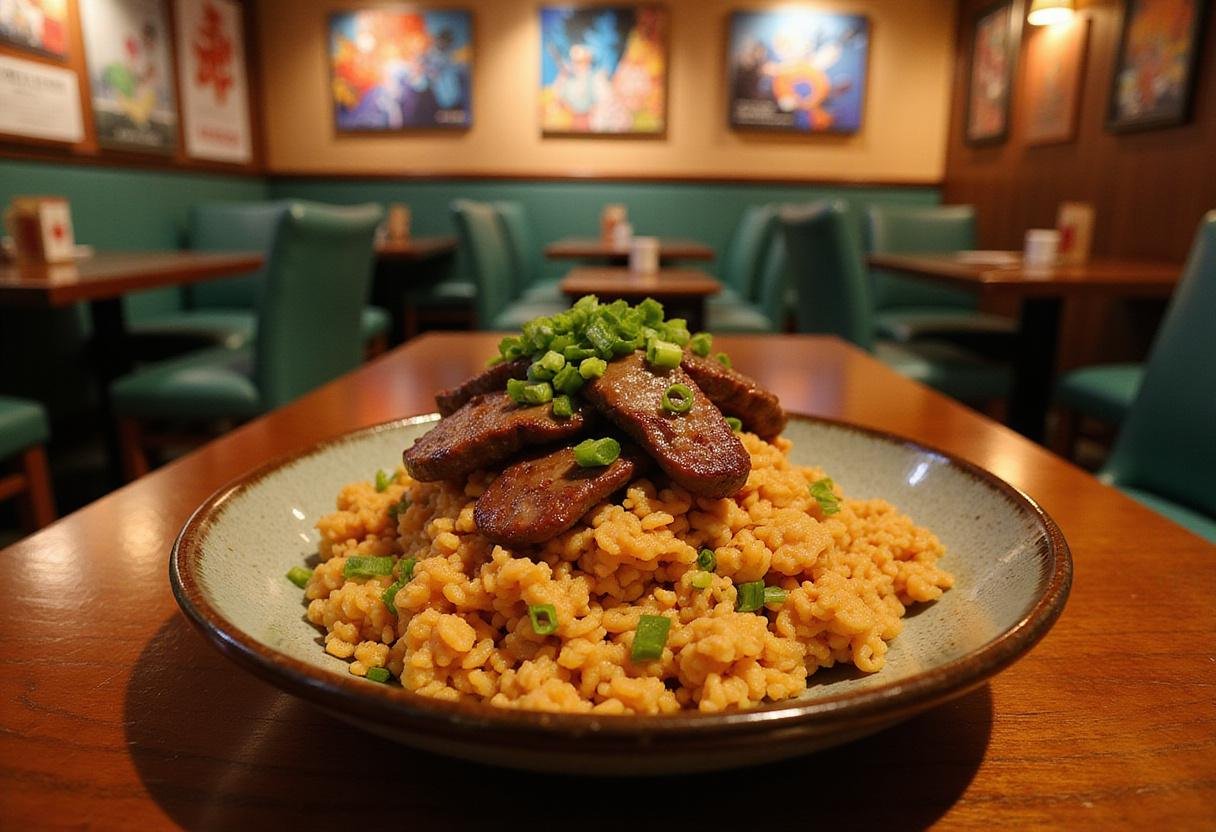 A close-up of Yamcha's Wolf Fang Fist Fried Rice on a ceramic plate in an anime-inspired restaurant, garnished with green onions and grilled beef slices, surrounded by Dragon Ball posters and decorations in a cozy, warm atmosphere.