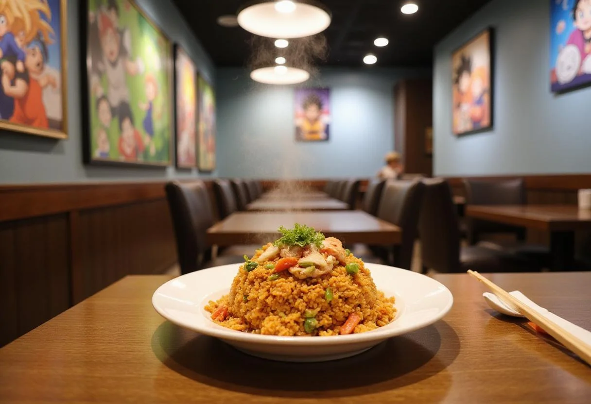 A realistic scene of Yamcha's Wolf Fang Fist Fried Rice served in an anime-style restaurant, with steaming fried rice on a plate next to chopsticks, and colorful Dragon Ball posters on the walls, creating a lively and immersive atmosphere.