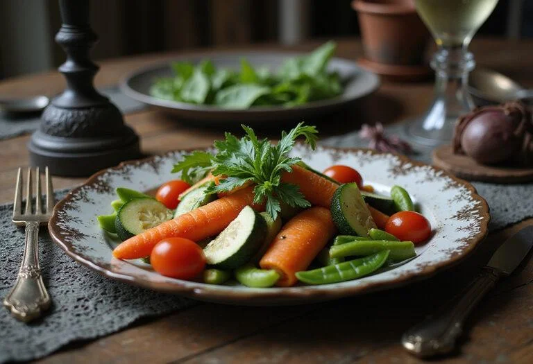 A detailed, realistic scene of a vegetable medley featuring colorful carrots, zucchini, cherry tomatoes, and snap peas arranged on a vintage plate. The setting has a rustic wooden table with soft lighting, decorated with dark lace and antique silverware, inspired by the gothic and whimsical style of Edward Scissorhands from the movie.