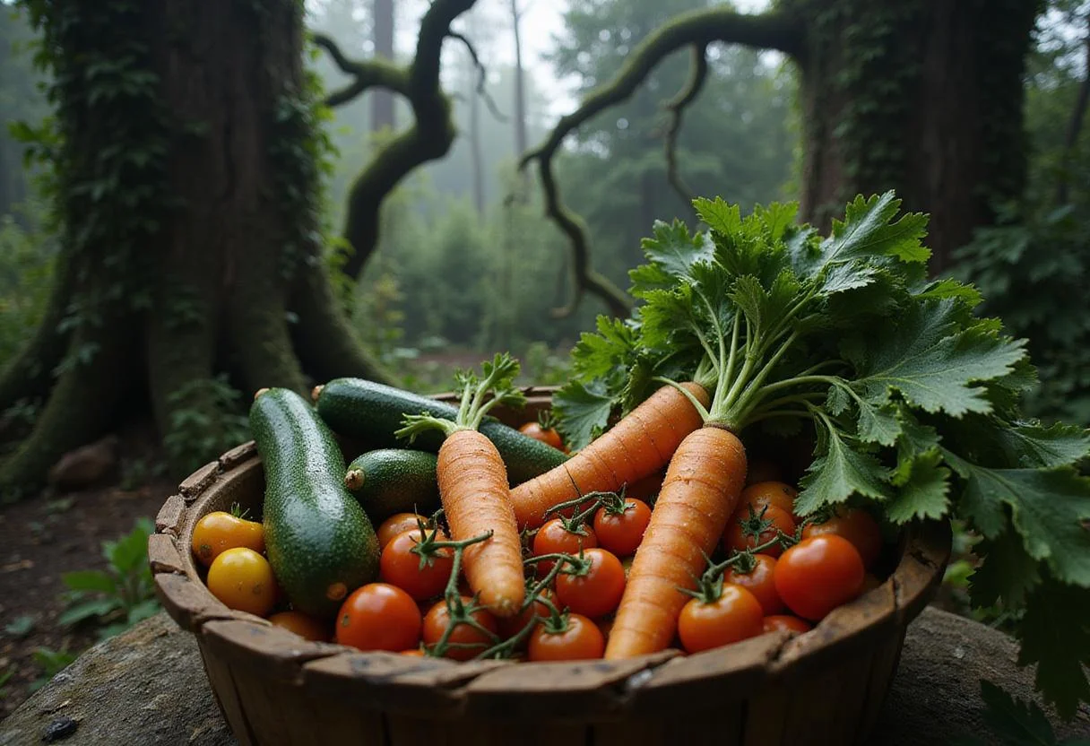 A scene of fresh vegetables like carrots, zucchini, and tomatoes in a rustic basket in a gothic-inspired garden setting, with twisted trees and dark vines. Dew drops glisten on the vegetables, evoking a magical, mysterious mood inspired by Edward Scissorhands.
