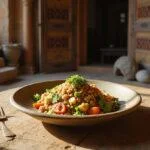 Close-up of Ajak's Ancient Grain Salad served in a bowl, showing vibrant grains, fresh vegetables, and herbs, set on a rustic wooden table within a temple environment inspired by the Eternals movie scene, illuminated by natural light highlighting the textures and colors.