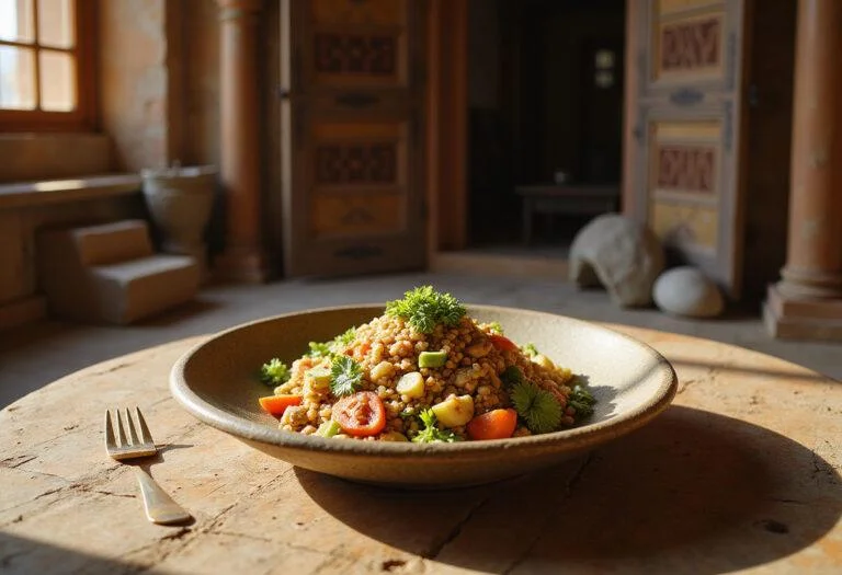 Close-up of Ajak's Ancient Grain Salad served in a bowl, showing vibrant grains, fresh vegetables, and herbs, set on a rustic wooden table within a temple environment inspired by the Eternals movie scene, illuminated by natural light highlighting the textures and colors.