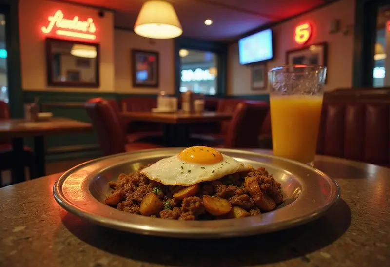 Realistic image of Johnny Depp's Hunter's Hearty Hash on a vintage plate, featuring fried eggs and crispy potatoes, in a neon-lit, retro hotel room setting from 'Fear and Loathing in Las Vegas,' capturing the gritty, cinematic breakfast vibe.