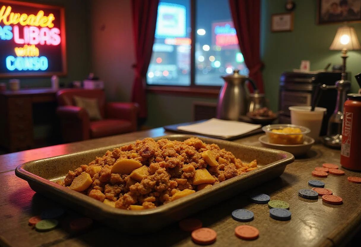 Realistic scene showing Johnny Depp's Hunter's Hearty Hash on a breakfast tray in a vibrant Las Vegas motel room, with casino chips and neon lights creating an immersive 'Fear and Loathing in Las Vegas' atmosphere.