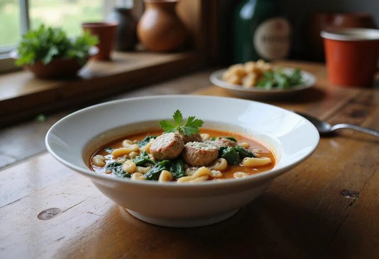 A realistic image of Joanne's Italian Wedding Soup served in a bowl on a wooden table, showing small meatballs, spinach, and pasta topped with Parmesan and parsley. The scene is set in a cozy kitchen with natural light, evoking the warm, stylish vibe inspired by Lady Gaga's fashion and the movie 'Five Foot Two.'