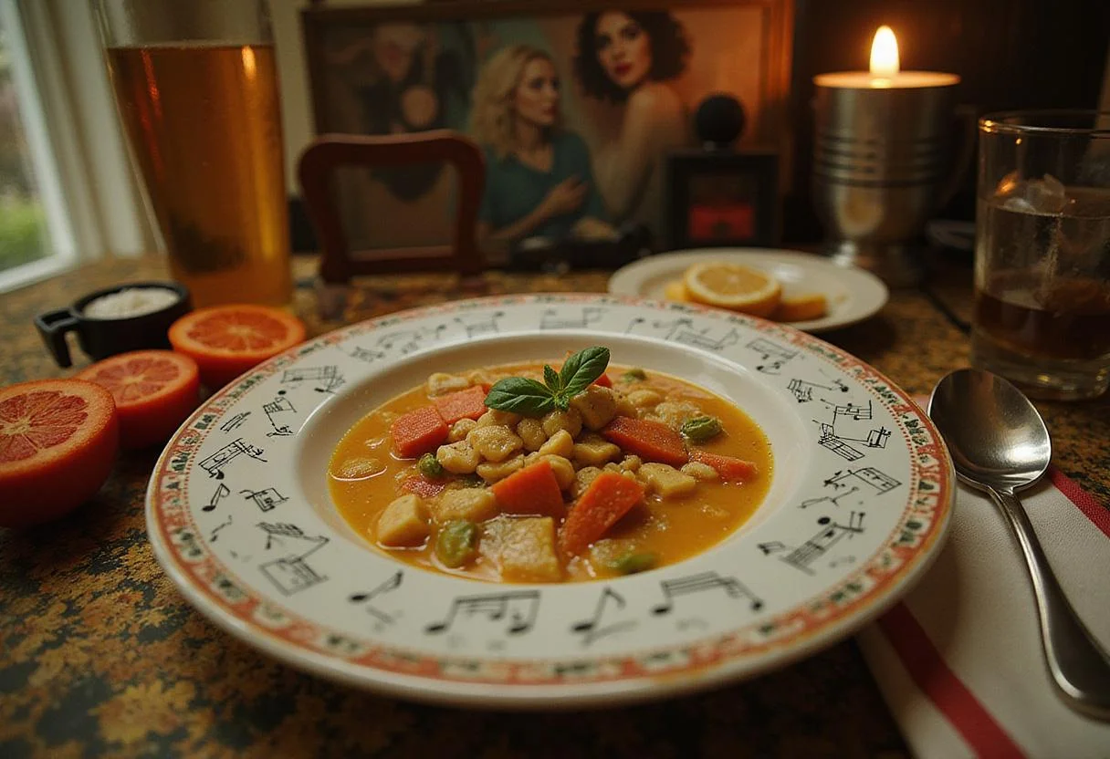 An immersive scene of Joanne's Italian Wedding Soup on a vintage-inspired kitchen counter decorated with musical and pop art elements, set in Lady Gaga's artistic world. The dish is in a realistic bowl with meatballs, spinach, and pasta, with warm lighting and background hints of microphone and fashion accessories to evoke her unique style.