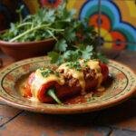A delicious plate of Frida Salma Hayek's Colorful Chile Rellenos on a Mexican ceramic plate, featuring roasted peppers filled with vibrant ingredients, topped with melted cheese and fresh herbs, set on a rustic kitchen table with decorative Mexican tiles in the background.