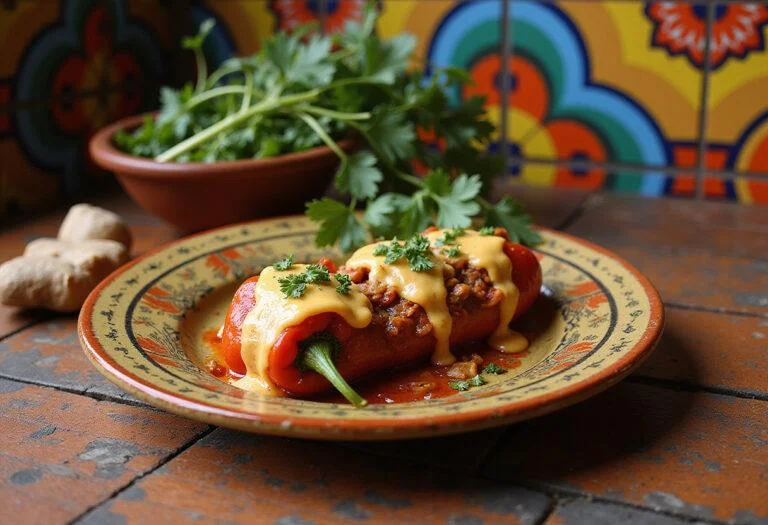 A delicious plate of Frida Salma Hayek's Colorful Chile Rellenos on a Mexican ceramic plate, featuring roasted peppers filled with vibrant ingredients, topped with melted cheese and fresh herbs, set on a rustic kitchen table with decorative Mexican tiles in the background.