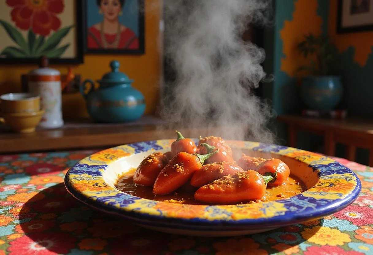 A beautifully arranged serving of Frida Salma Hayek's Colorful Chile Rellenos on a Mexican plate, with a lively kitchen background decorated with traditional art and textiles, evoking the artistic and colorful environment associated with Frida Kahlo.