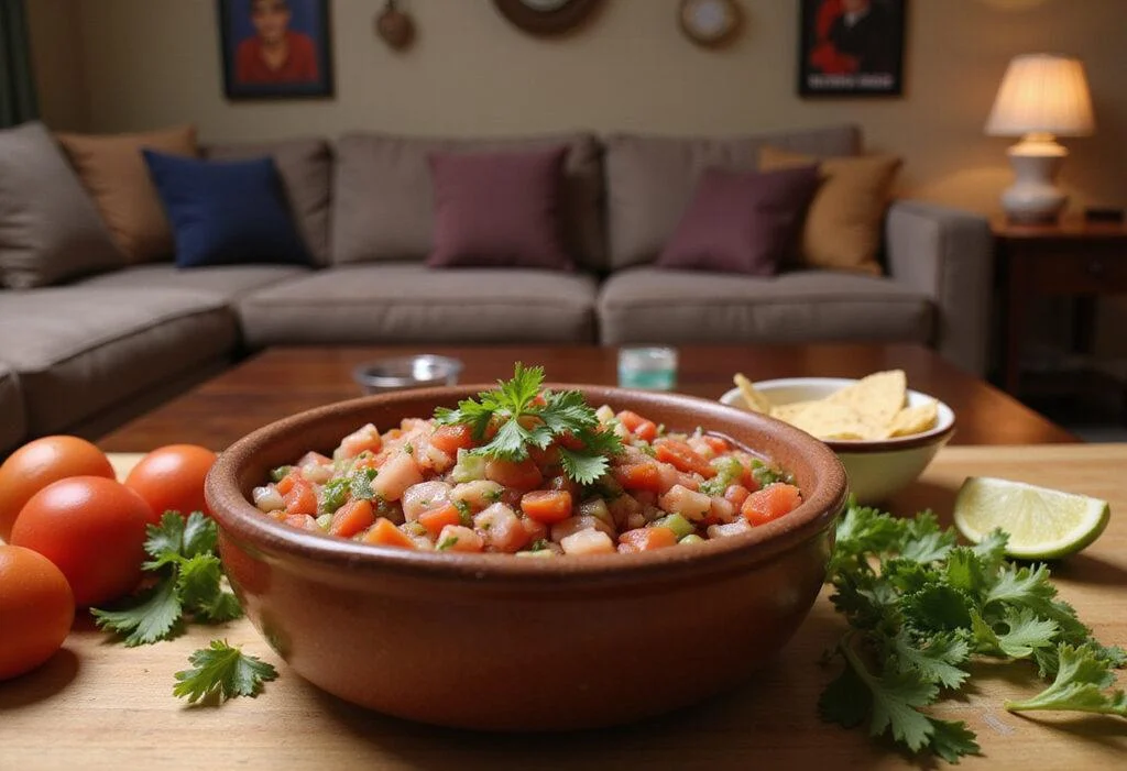 Close-up of Chandler's Sarcastic Salsa in a rustic ceramic bowl on a kitchen counter, with a cozy sitcom-style living room in the background, showing a fun, relaxed atmosphere. The salsa is colorful with chopped vegetables and herbs, capturing the playful mood of the Friends TV show.
