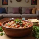Close-up of Chandler's Sarcastic Salsa in a rustic ceramic bowl on a kitchen counter, with a cozy sitcom-style living room in the background, showing a fun, relaxed atmosphere. The salsa is colorful with chopped vegetables and herbs, capturing the playful mood of the Friends TV show.