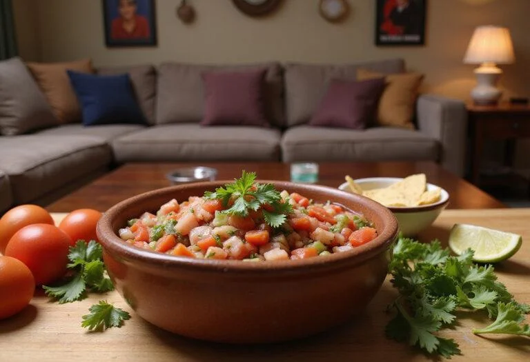 Close-up of Chandler's Sarcastic Salsa in a rustic ceramic bowl on a kitchen counter, with a cozy sitcom-style living room in the background, showing a fun, relaxed atmosphere. The salsa is colorful with chopped vegetables and herbs, capturing the playful mood of the Friends TV show.