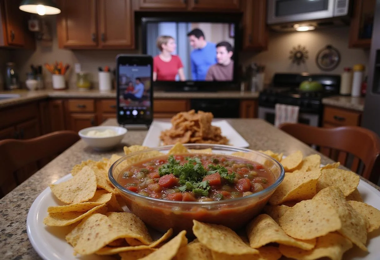 Scene of Chandler's Sarcastic Salsa served on a small table inside a typical Friends apartment, with chips around and a TV playing sitcom episodes in the background, capturing the show's humorous and relaxed vibe.