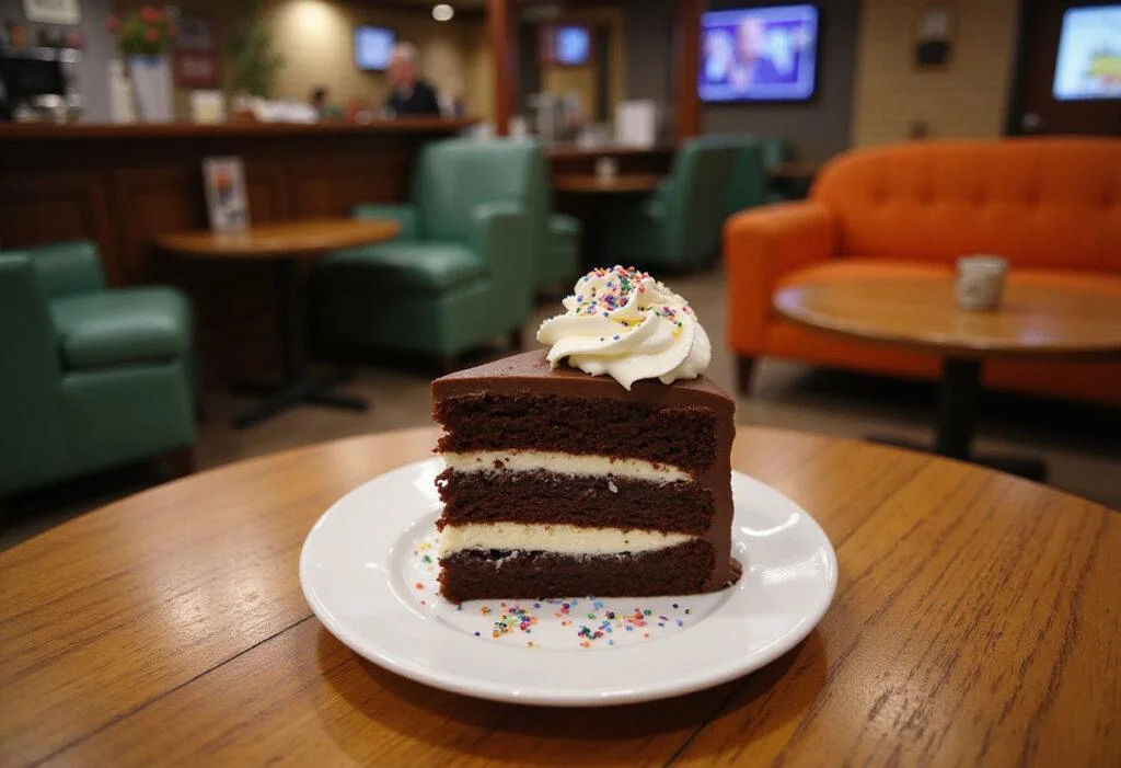 Close-up of Joey's How You Doin' Cake presented on a plate, showing its moist layered texture and decorative frosting. The background hints at the lively Central Perk cafe with its familiar decor, creating an inviting and sitcom-inspired setting.