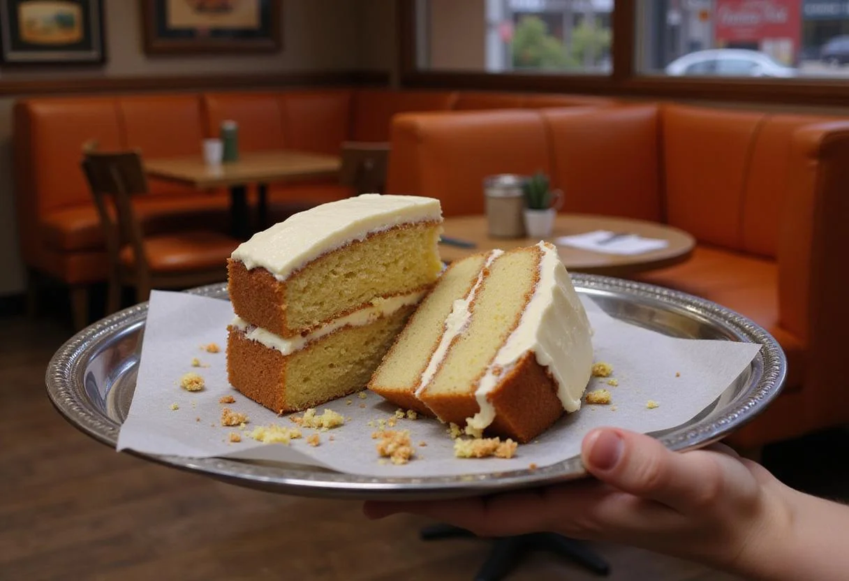 A slice of Joey's How You Doin' Cake on a tray inside Central Perk, set against the background of the famous cafe interior, emphasizing the casual, friendly sitcom environment and the appeal of the dessert.
