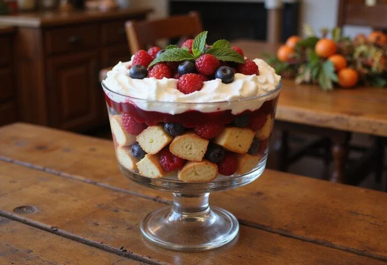Close-up of Rachel Green's Thanksgiving Trifle on a glass serving dish, showcasing colorful layers of sponge cake, berries, custard, and cream in a cozy kitchen setup, perfect for a sitcom Thanksgiving celebration.