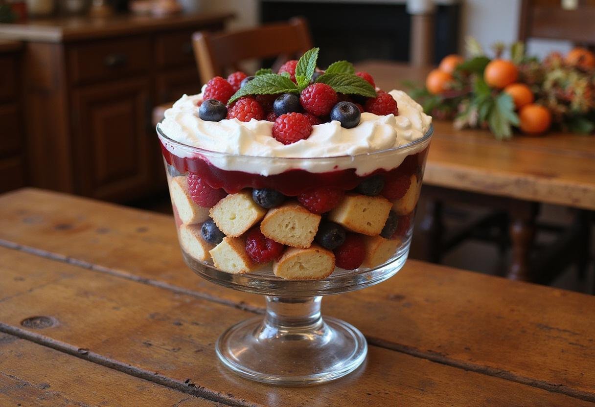 Close-up of Rachel Green's Thanksgiving Trifle on a glass serving dish, showcasing colorful layers of sponge cake, berries, custard, and cream in a cozy kitchen setup, perfect for a sitcom Thanksgiving celebration.