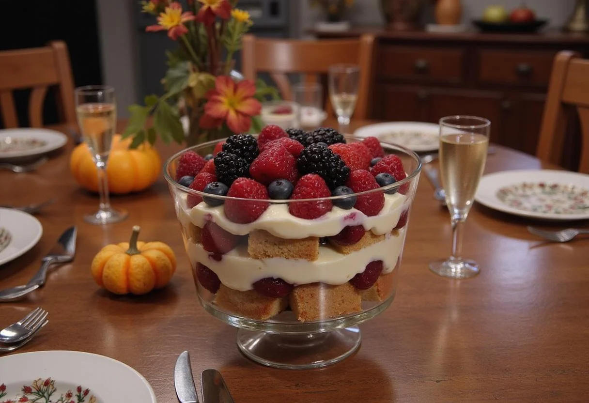 Scene from a sitcom featuring Rachel Green's Thanksgiving Trifle on a wooden table surrounded by friends, with the layered dessert prominently displayed, evoking a warm holiday gathering.