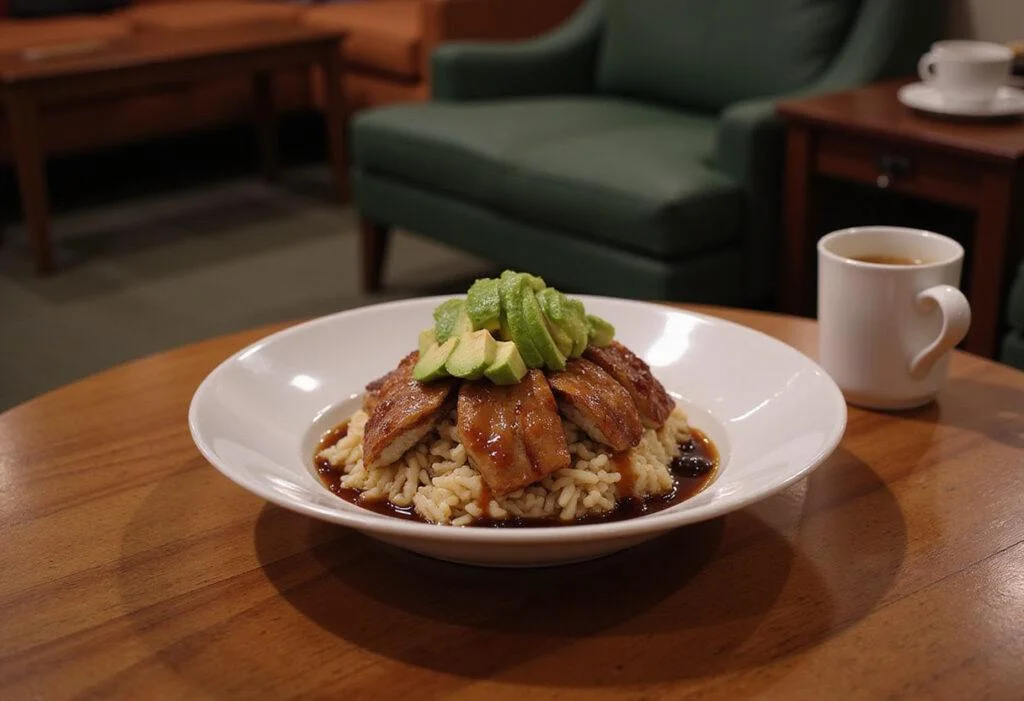 Close-up of Ross's Unagi Sushi Bowl served in a cozy café setting reminiscent of Friends. The sushi bowl features eel slices, avocado, cucumber, and rice, arranged beautifully with eel sauce drizzled on top, evoking the friendly sitcom environment and food scene.