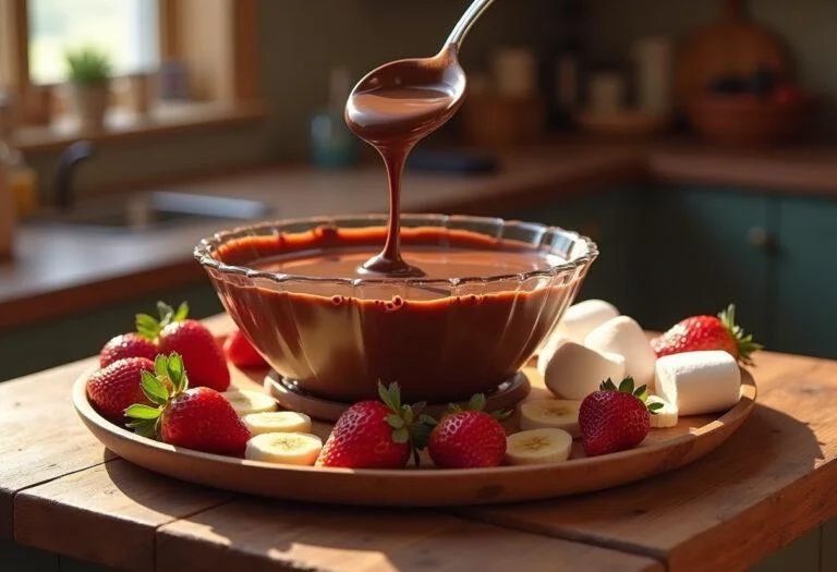 Frozen Anna's True Love Chocolate Fondue served in a clear glass bowl with fresh strawberries, banana slices, and marshmallows on a wooden table in a cozy, Nordic-style kitchen inspired by Disney's Frozen. The melted chocolate looks glossy and inviting, perfect for a Disney-themed dessert presentation.