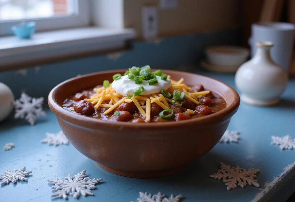 Close-up of Frozen Kristoff's Ice Harvest Chili in a rustic bowl, topped with cheese and green onions, set in a cozy snow-themed kitchen scene inspired by Disney's Frozen, with icy blue decor and warm lighting.