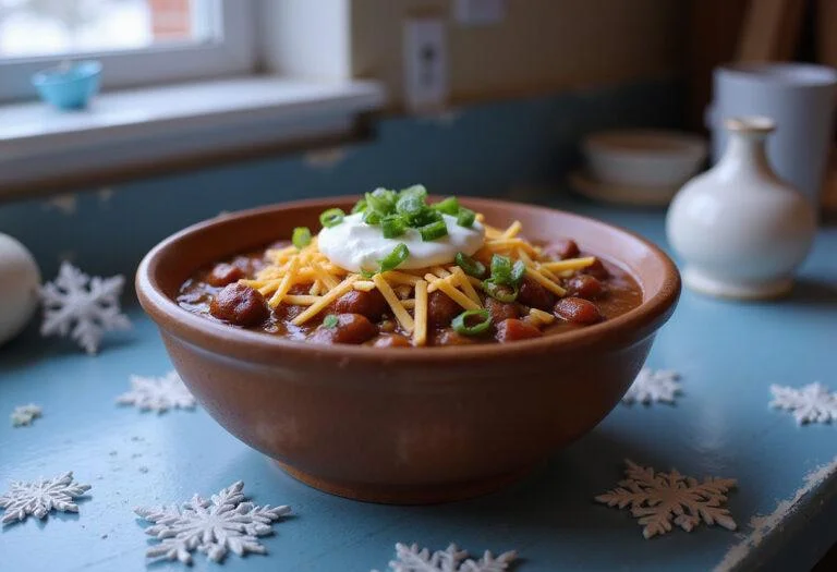 Close-up of Frozen Kristoff's Ice Harvest Chili in a rustic bowl, topped with cheese and green onions, set in a cozy snow-themed kitchen scene inspired by Disney's Frozen, with icy blue decor and warm lighting.