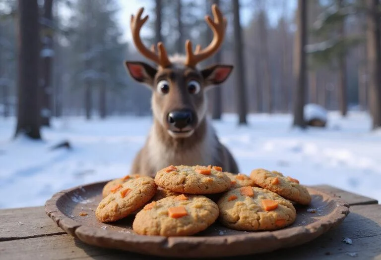 A scene showing Sven, the cartoon reindeer from Frozen, in a snowy forest, sitting beside a tray of freshly baked carrot cookies. The cookies have visible carrot pieces and a crunchy appearance, set on a rustic wooden plate, with snow-covered trees in the background. The scene evokes a magical Disney winter setting perfect for kids' food.