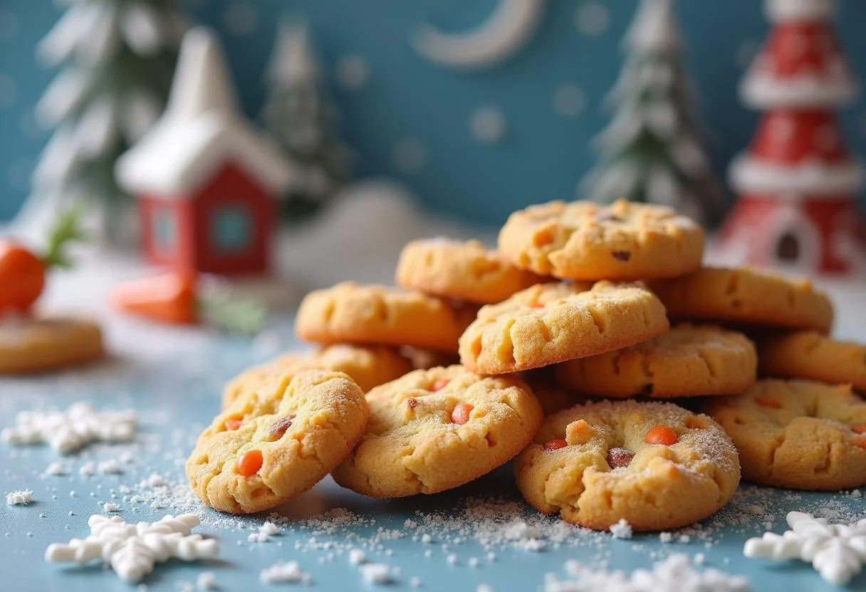 Close-up of freshly baked Sven's Carrot Crunch Cookies on a festive table with Disney winter decorations. The cookies are crispy and contain visible carrot pieces, with a blurred snowy background and touches of Disney's Frozen theme visible in the scene.