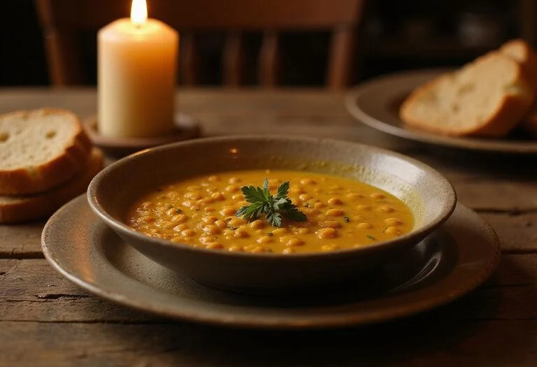 A realistic image of a golden lentil soup served in a medieval-style bowl on a wooden table, set in King's Landing with candlelight and rustic decor, showcasing the fantasy-themed soup from Game of Thrones.