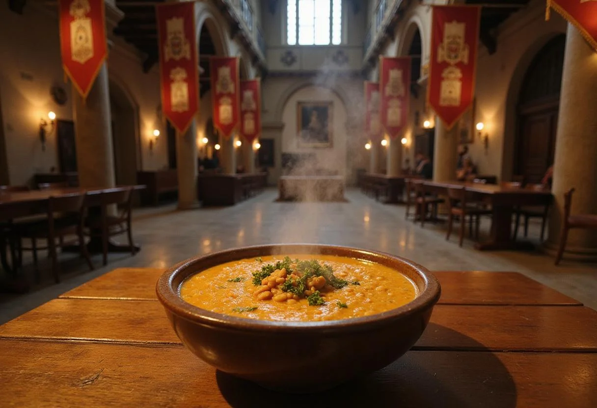 A detailed scene of a medieval feast hall from Game of Thrones, featuring a large wooden table with a steaming bowl of gold-colored lentil soup, ready for noble diners in King's Landing.