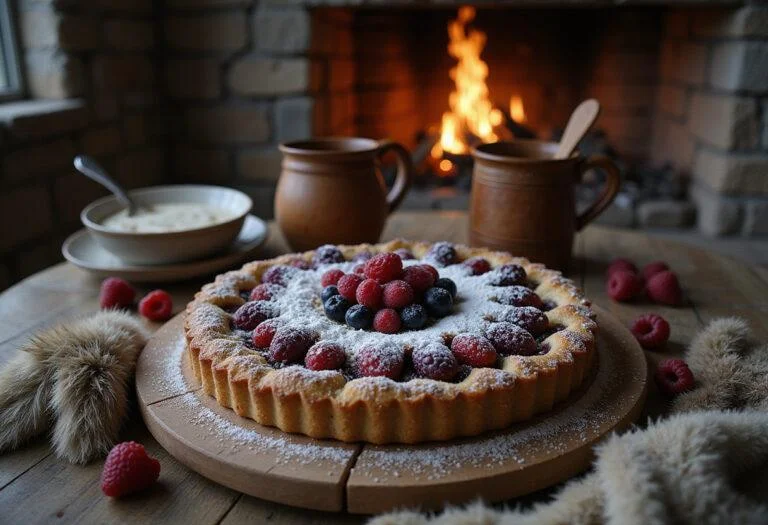 A scene showing a wildling berry tart on a wooden table in a medieval hall ambiance, decorated with fresh berries and powdered sugar, evoking the rugged, icy world of Game of Thrones.