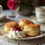 Elegant English scones served on a fine china plate with cream and jam, displayed on a lace tablecloth in a sophisticated, vintage-inspired dining room reminiscent of Emily Gilmore's refined style.